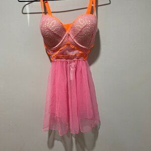 Victoria’s Secret Pink & Orange Lace Babydoll Push-Up Bustier Lingerie Teddy